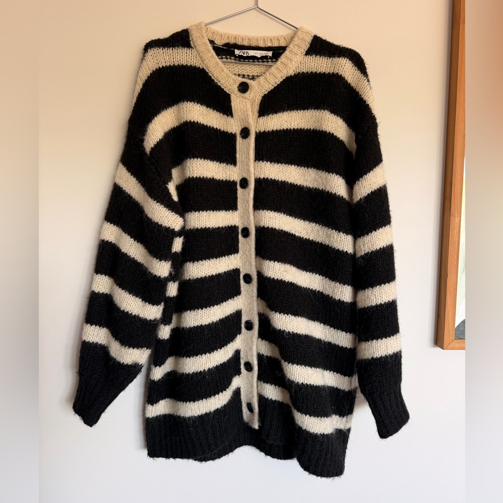 Zara Striped Black and Cream Button-Up Cardigan Sweater - size S